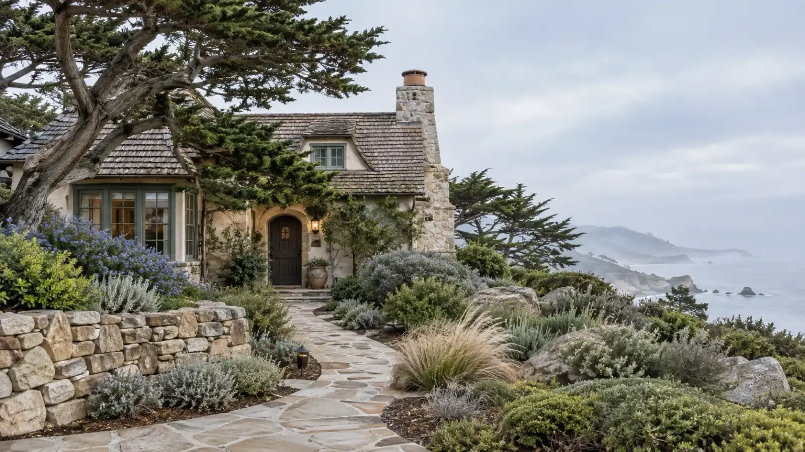 Flagstone walkway and coastal native plants at a Carmel cottage