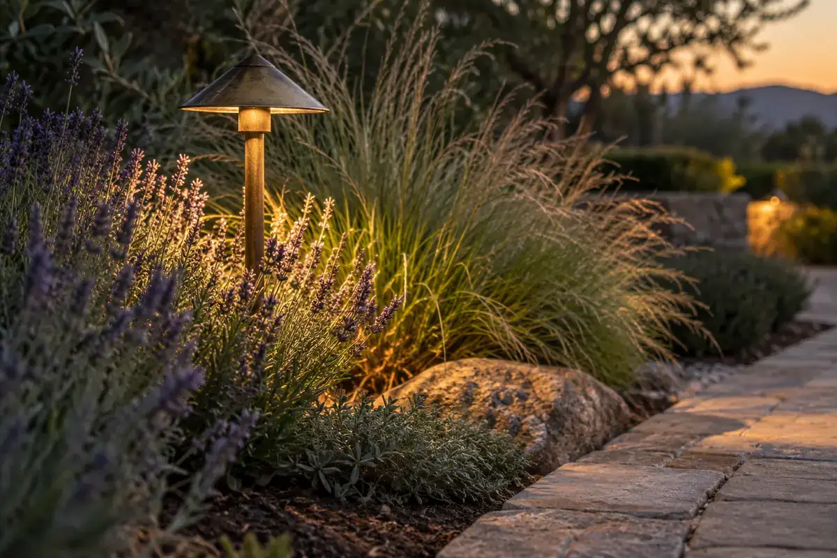 Low-voltage path light among drought-tolerant planting at dusk
