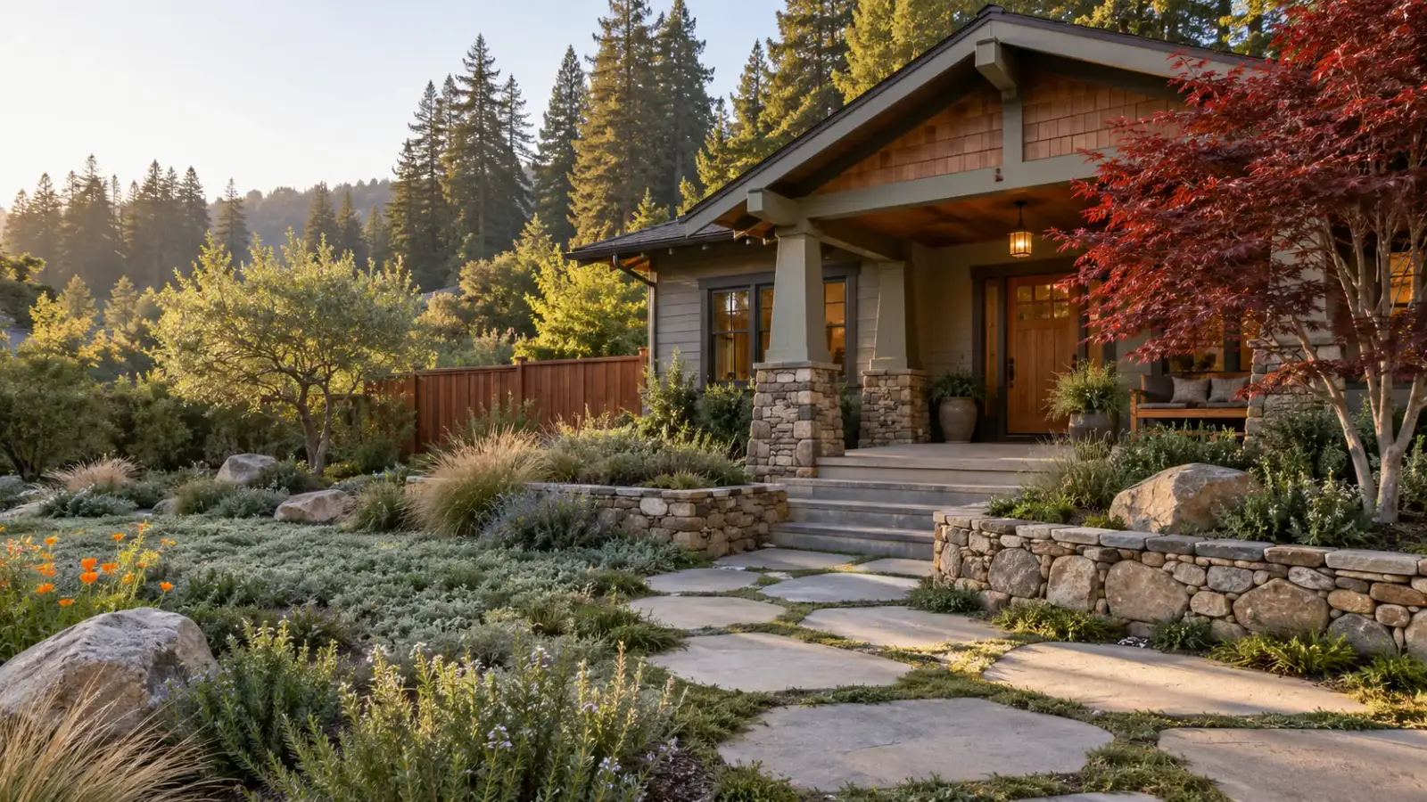 Flagstone walkway and stone walls at a Los Gatos craftsman bungalow