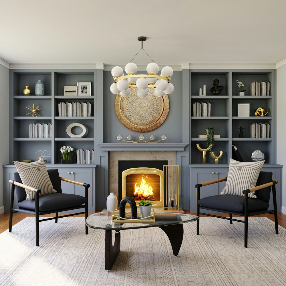 Elegant living room interior with concrete fireplace and modern furnishings, showcasing the integration of concrete in home design.