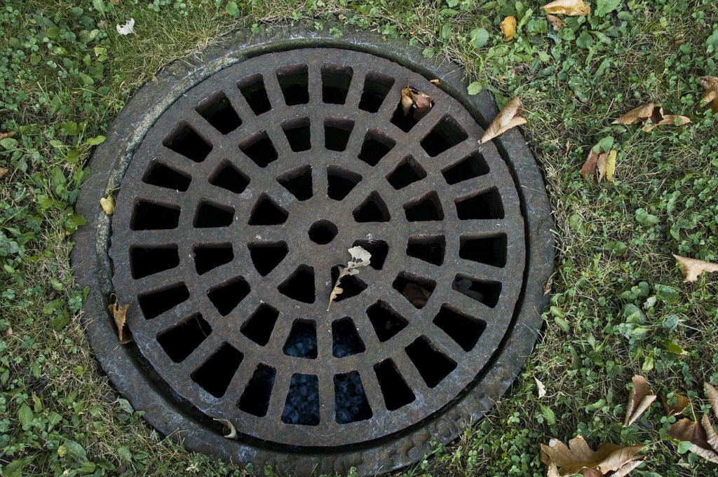 A drain in an outdoor yard.
