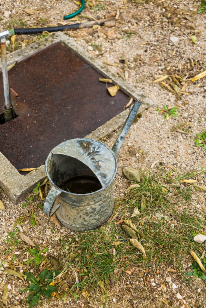 A drain with a lid in a garden.