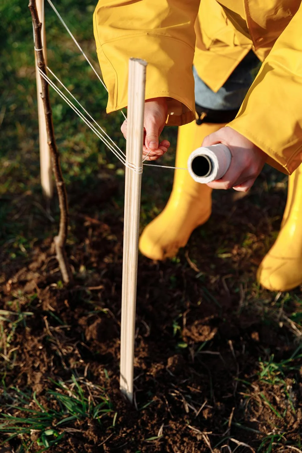 plant-tree-ground A person plants a tree in the ground.