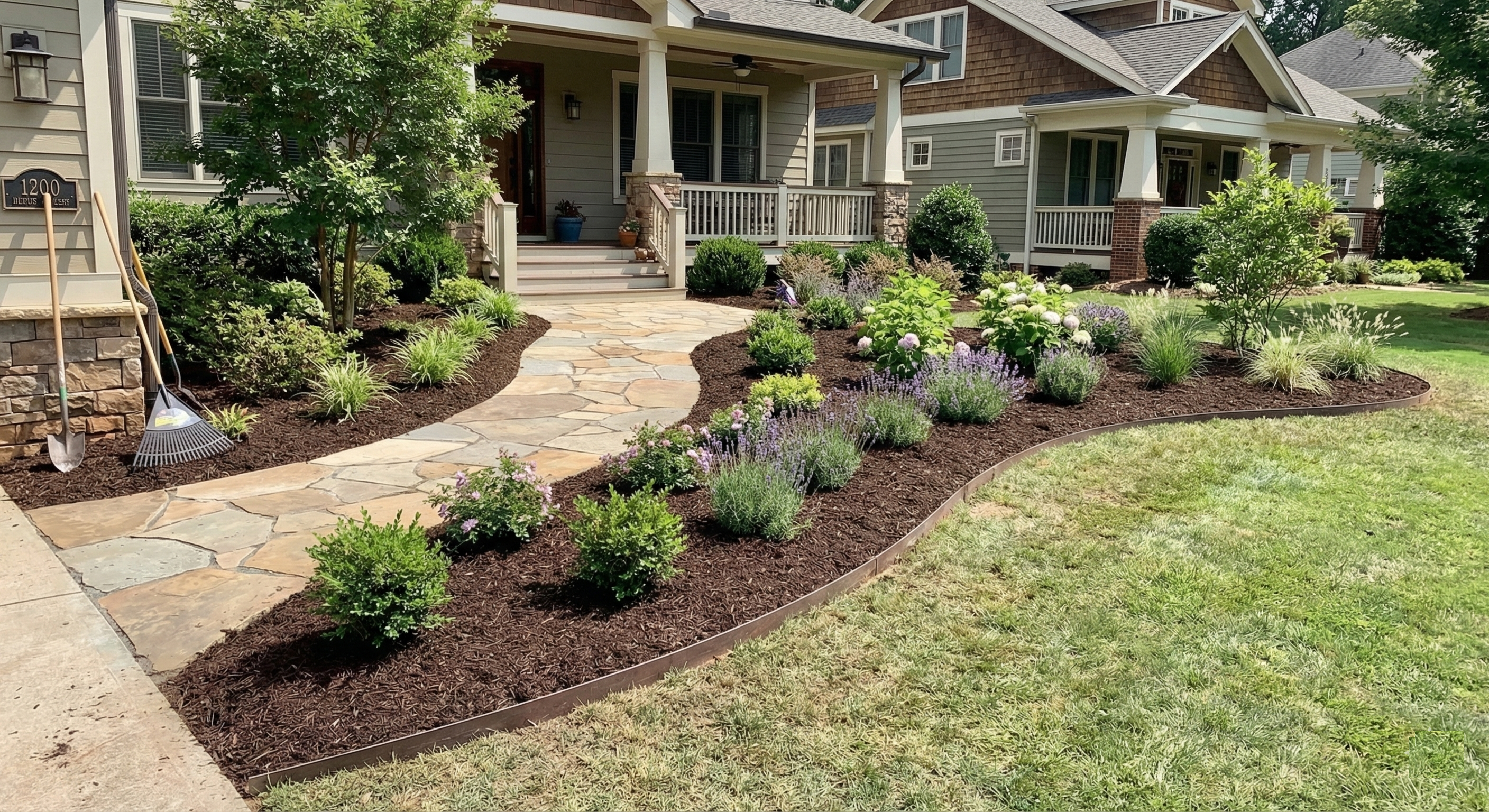 Front yard landscaping refresh with walkway and mulch in San Jose CA