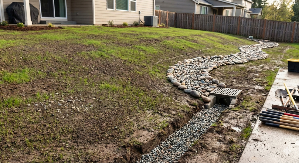 A residential backyard landscape project showing a newly installed drainage system with a winding dry creek bed made of river rocks, a concrete catch basin with a metal grate, and an open trench lined with gravel and a perforated pipe. Tools are visible on a concrete path, and the surrounding yard is dirt and sparse grass.