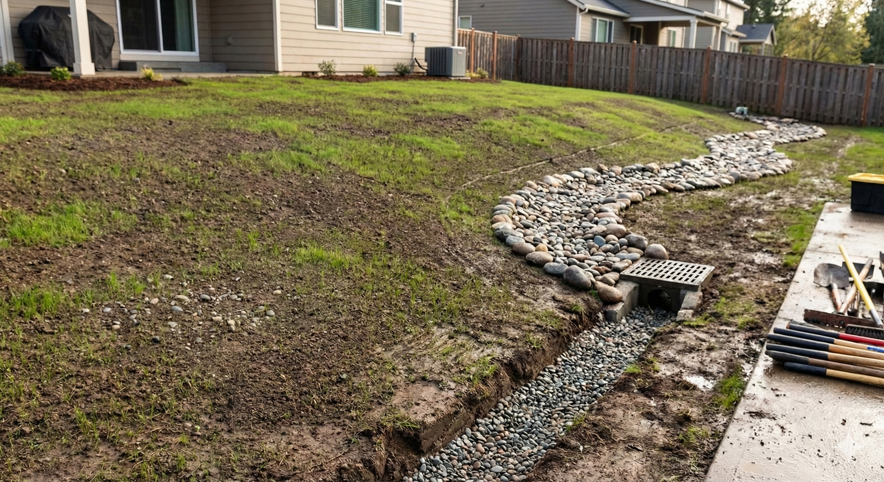 Backyard drainage and grading correction in San Jose CA