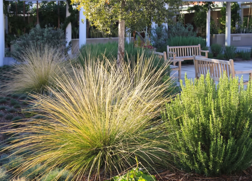 Deer Grass (Muhlenbergia rigens) ornamental grass with golden flowering plumes alongside rosemary in a drought-tolerant San Jose landscape design with benches