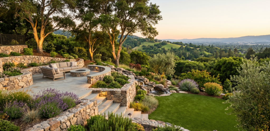 Landscaping cost in Saratoga, CA: a luxury terraced hillside landscape with extensive stone retaining walls, a paver patio with a curved sofa and fire pit, mature trees, lavender plantings, and a sunset view of the Saratoga foothills.
