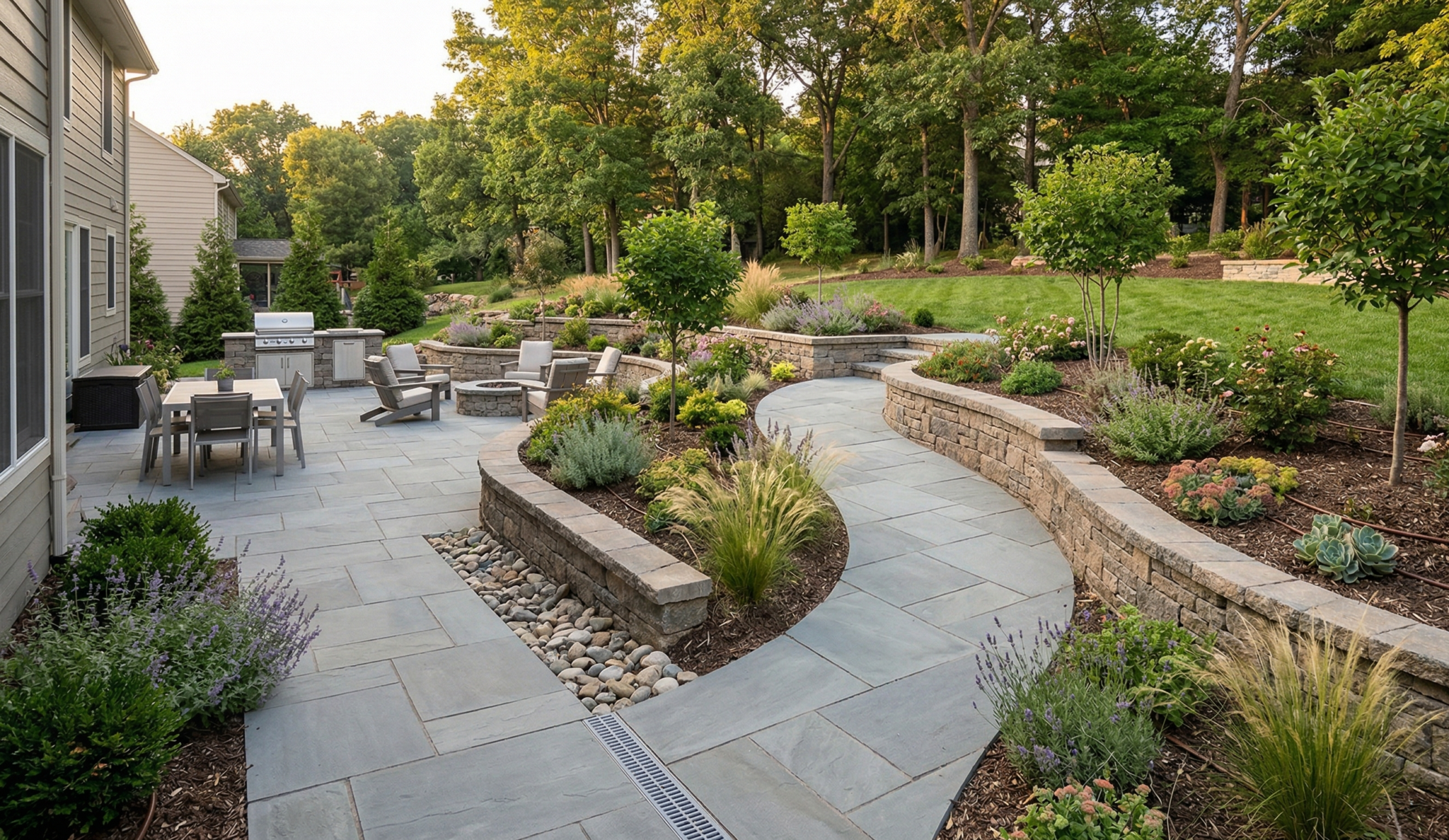 Example of a complex hardscape and softscape installation by Landscape Associates of CA, showcasing expert craftsmanship on flagstone patios, multi-tiered stone retaining walls, an outdoor kitchen station, and a built-in fire pit area.