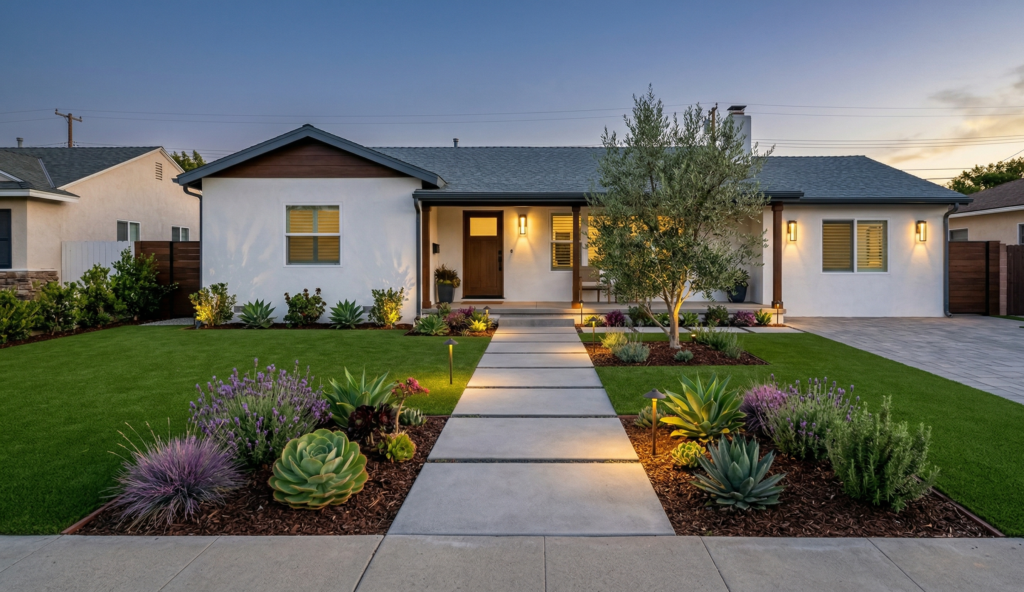 Front view of a modern single-story home at twilight, featuring professional xeriscape landscaping with a diverse mix of drought-tolerant plants including various agaves, lavender, and succulents. A wide concrete paver walkway with grass joints leads to the wood front door, all subtly illuminated by integrated LED landscape lighting under a clear blue hour sky.