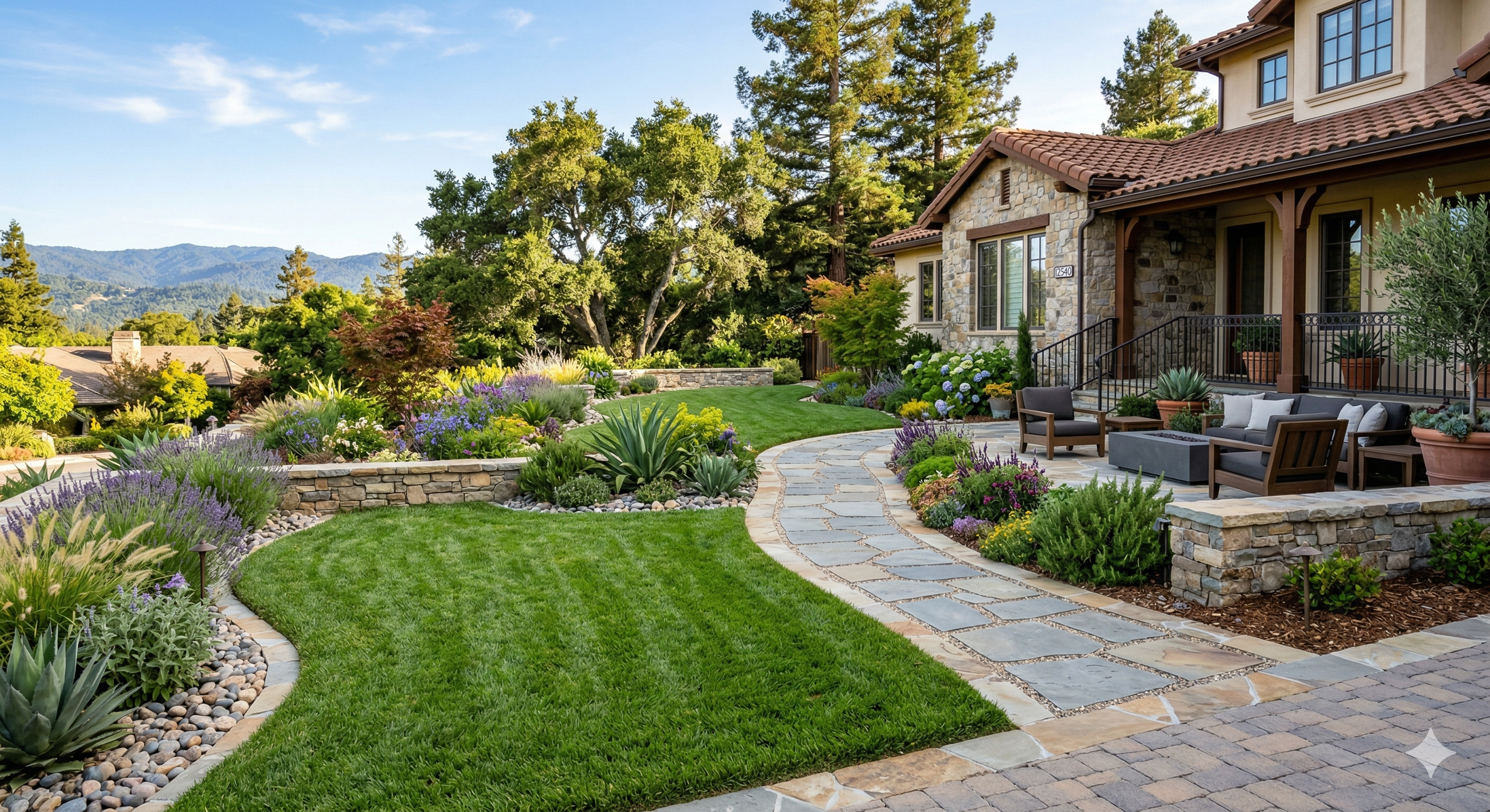 Landscaping project in Saratoga CA with pavers planting and lawn improvements