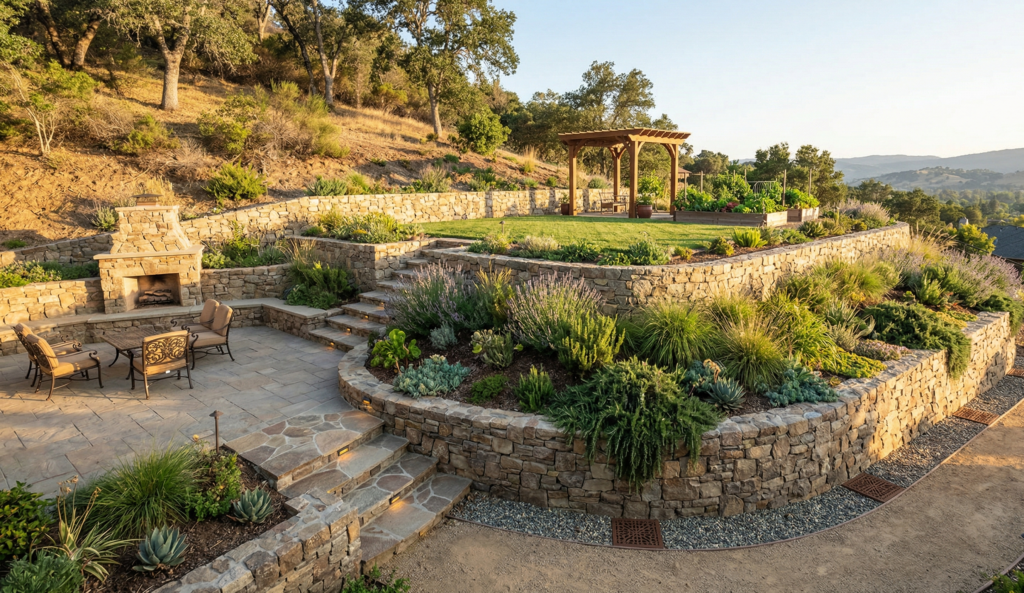 A multilevel terraced backyard built into a hillside with stacked stone retaining walls, flagstone patios, a built-in outdoor fireplace with a dining set, a wooden pergola over raised garden beds, and diverse drought-tolerant plants, overlooking a scenic valley.