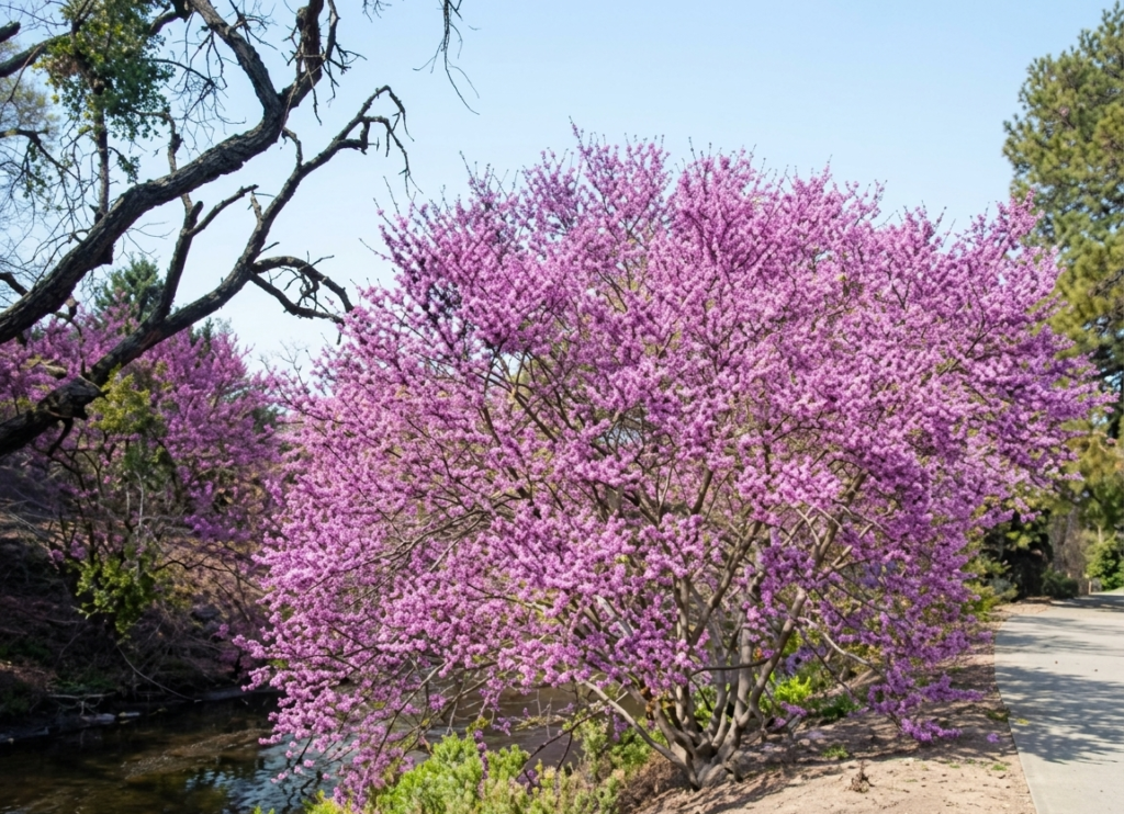 Western Redbud (Cercis occidentalis) tree covered in magenta-pink spring flowers along its branches — a California native drought-tolerant tree for San Jose yards